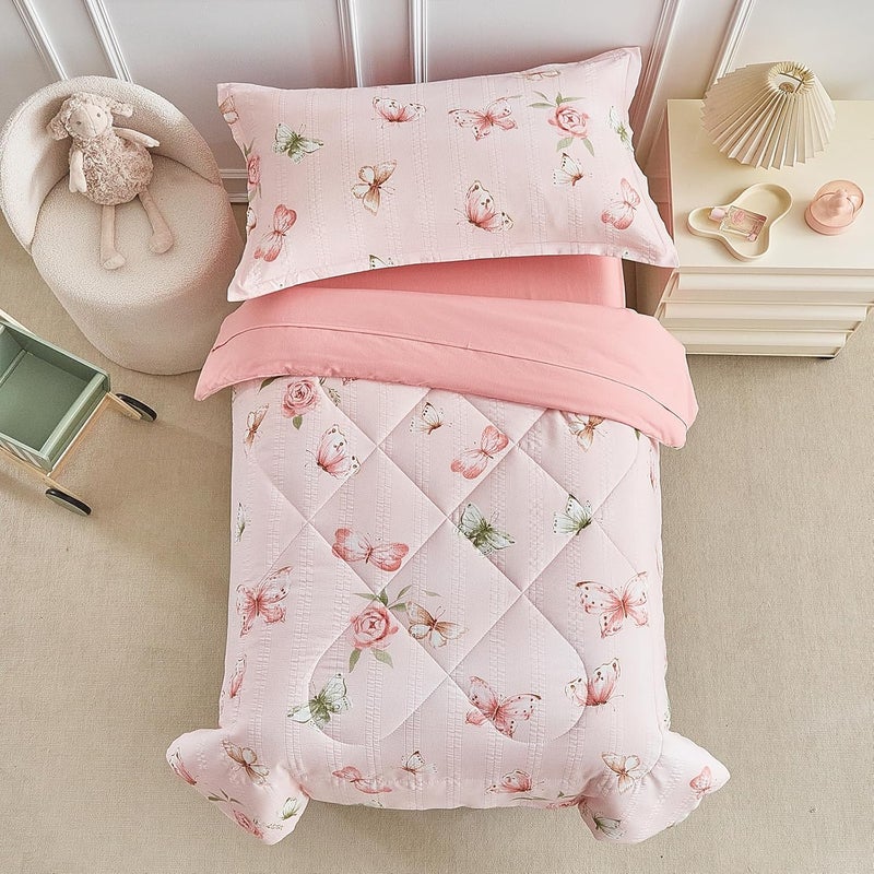 DuShow Pink Butterfly Toddler Bedding Set for Girls,4 Pieces Toddler Bed Set,Seersucker Toddler Comforter Set,Includes Comforter,Flat Sheet,Fitted Sheet and Pillowcase - Image 2
